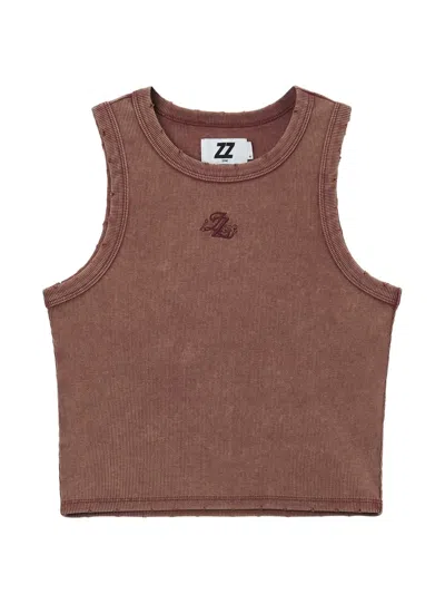 Izzue Distressed Ribbed Top In Brown
