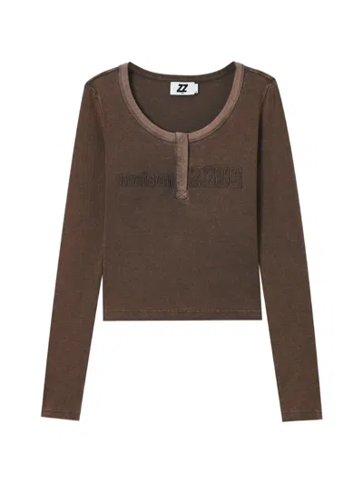 Izzue Embroidered Long-sleeve Henley Top In Brown