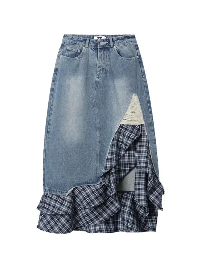 Izzue Frayed Check Ruffled Skirt In Blue