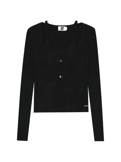 Izzue Ribbed-knit Cut-out Layered Sweater In Black