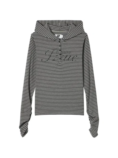 Izzue Striped Ruched-sleeve Hoodie In Gray