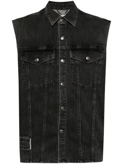 Izzue Text-embossed Denim Gilet In 灰色