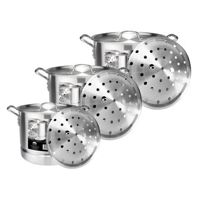 J&v Textiles Aluminum Stock Pot With Lid And Steamer Insert, 24, 32, 40 Quart, 6 Piece Set In Silver