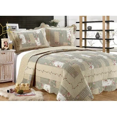 J&v Textiles Eugene Reversible Printed Patchwork Quilt Set (2-or3-piece) In Green,sage Green,white