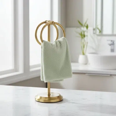 J&v Textiles Steel Towel Rack Holder Stand With 2 Hanging Rings For Bathroom Vanity Countertops - Space Saving Ha In Satin Brass
