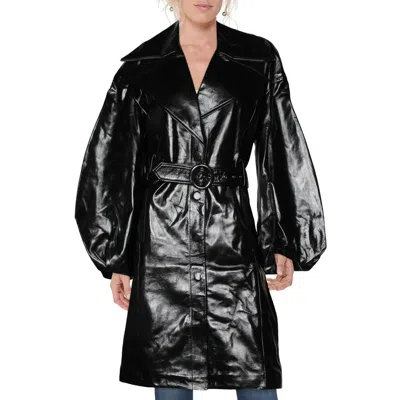 J Brand Antonia Womens Patent Leather Balloon Sleeve Trench Coat In Black