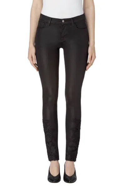 J BRAND COATED LACE MID RISE SKINNY JEANS IN BLACK