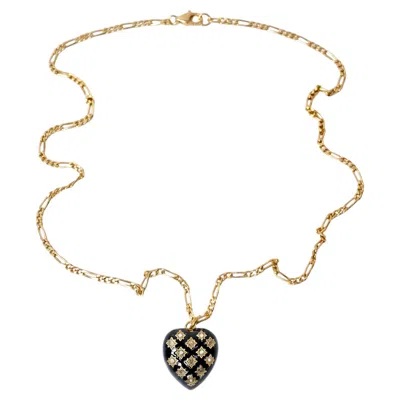 Pre-owned J Dauphin Pearl Diamond Heart Necklace Black Enamel Figaro 14k Gold Plated Chain