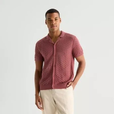 J. Ferrar Button Front Mens Short Sleeve Button Polo Sweater In Red