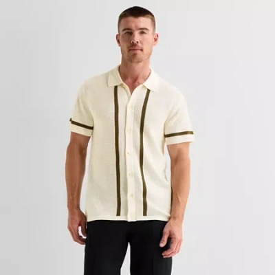 J. Ferrar Button Front Mens Short Sleeve Button Polo Sweater In White