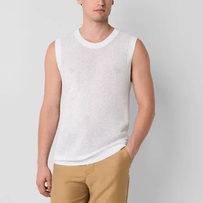 J. Ferrar Crochet Knit Mens Crew Neck Sleeveless Tank Top In White