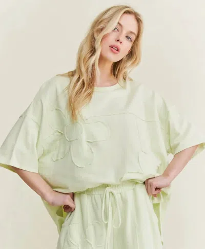 J. Her Cotton French Terry Double Flower Patch Top In Lime Green In Yellow