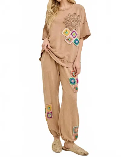 J. Her Crochet Detail Short Sleeve Set In Latte Mineral Wash In Brown