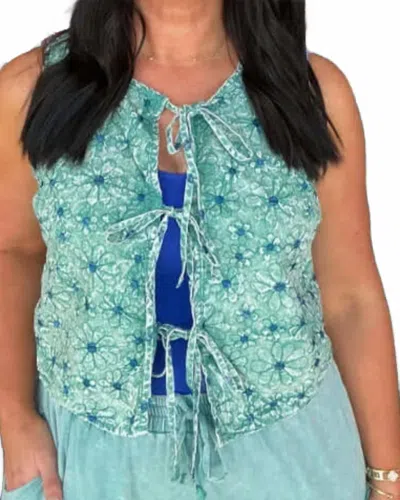 J. Her Floral Embroidered Tie Front Vest In Dusty Teal In Multi