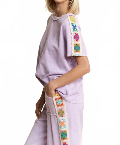 J. Her French Terry Crochet Shoulder Top In Lavender In Pink