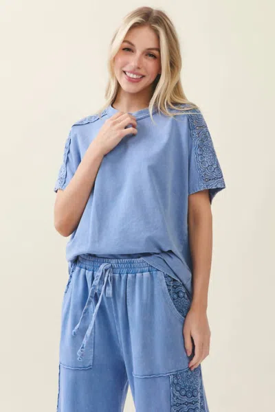 J. Her Mineral Washed Boho Trim Blouse Top In Denim Blue