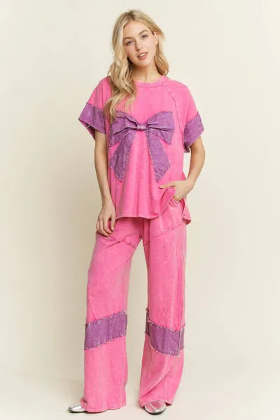 J. Her Mineral Washed Denim Patched Wide Leg Pants In Hot Pink