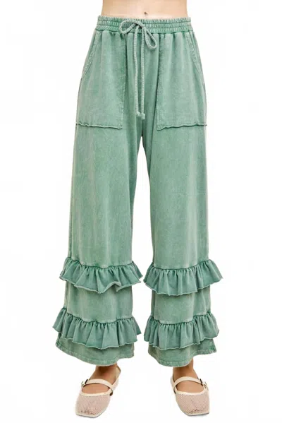 J. Her Mineral Washed Double Ruffle Boho Princess Pants In Moss Green