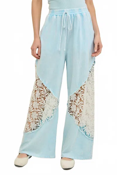 J. Her Mineral Washed Floral Lace Elastic Waist Cool Pant In Baby Blue