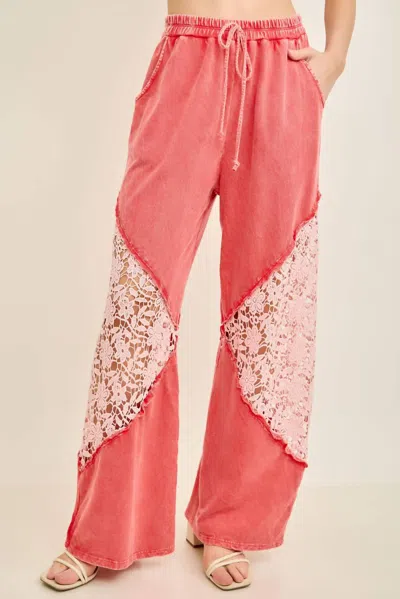 J. Her Mineral Washed Floral Lace Elastic Waist Cool Pant In Red