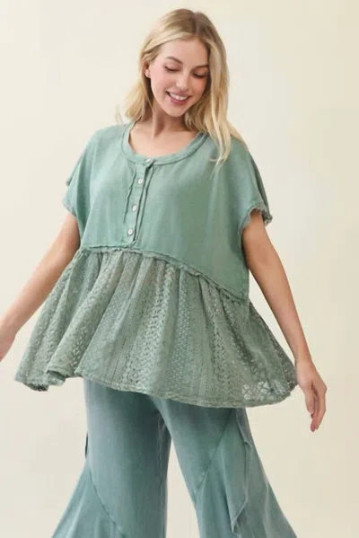 J. Her Mineral Washed Lace Babydoll Blouse Top In Moss Green In Brown