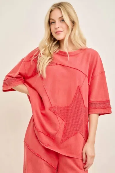 J. Her Mineral Washed Mesh Star Patched Top In Red In Pink