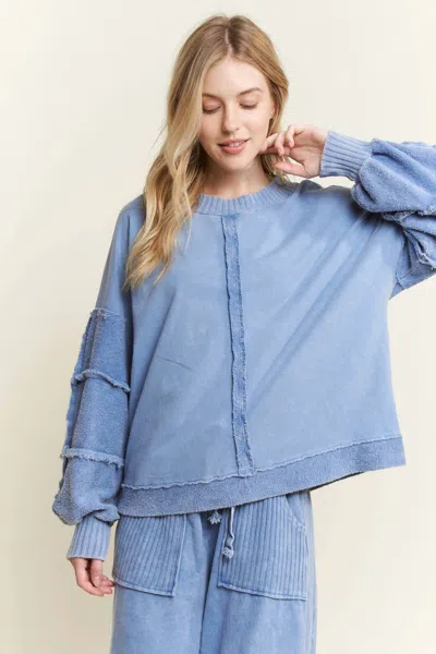 J. Her Mineral Washed Puff Long Sleeved Terry Sweatshirt Top In Denim Blue