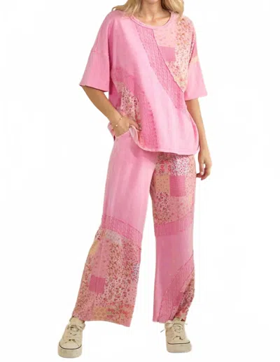 J. Her Mineral Washed Spring Picnic Print Lace Blouse Top In Bubblegum In Multi