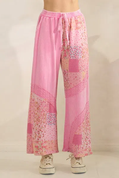 J. Her Mineral Washed Spring Picnic Print Lace Pants In Bubblegum In Pink
