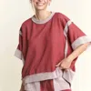 J. Her Oversize Reverse Contrast Band Top In Burgundy In Red