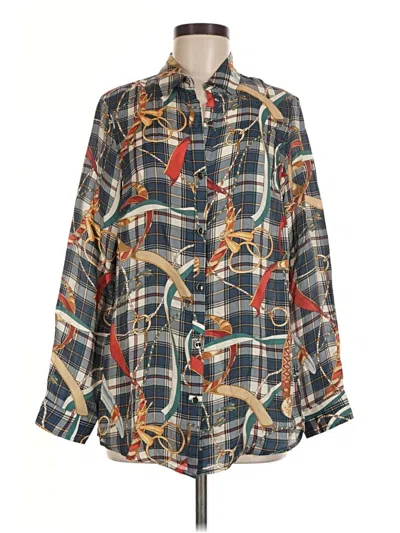 Pre-owned J. Mclaughlin Long Sleeve Silk Top Blue Print Pattern Square Neckline Tops