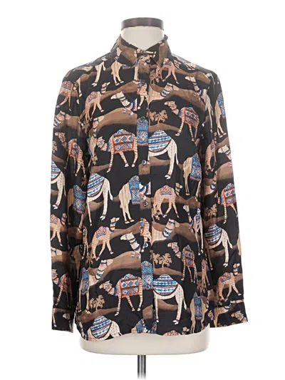 Pre-owned J. Mclaughlin Long Sleeve Silk Top Brown Print Pattern Collared Neckline Tops