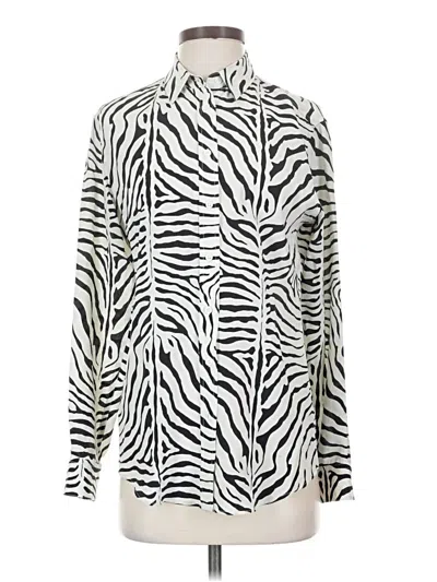 Pre-owned J. Mclaughlin Long Sleeve Silk Top Ivory Animal Print Pattern High Neck Tops In White