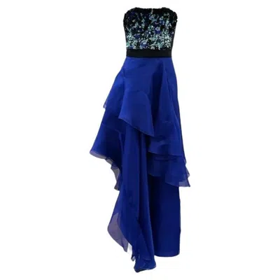 Pre-owned J Mendel Contemporary Blue Organza Strapless Gown With Sequin Top