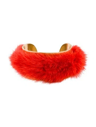 Pre-owned J Mendel Mink Fur Cuff Bracelet, 6.25" In Orange