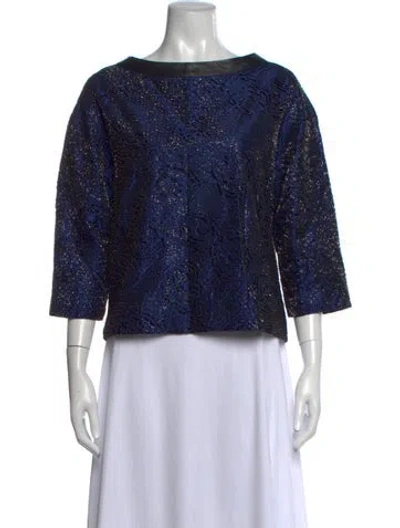 Pre-owned J Mendel Patterned Bateau Neckline Top In Blue