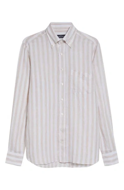 J. Mueser Regular Fit Stripe Linen Button-down Shirt In Brown