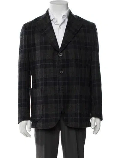 Pre-owned J. Mueser Wool Plaid Print Blazer In Black