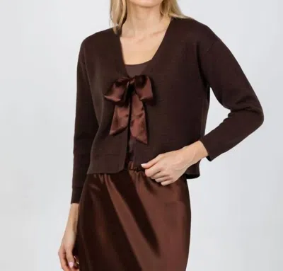 J. Society Satin Bow Cardigan In Chocolate In Gold