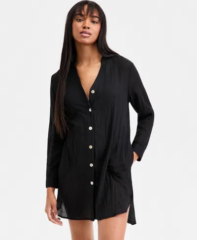 J Valdi Women's Button-down Swim Shirt In Black