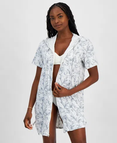 J Valdi Women's Hooded Zip-front Side-shirred Swim Cover-up In Gray,white