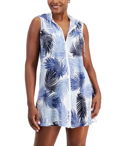 J Valdi Women's Printed Sleeveless Hoodie Swim Cover-up In Blue Palm