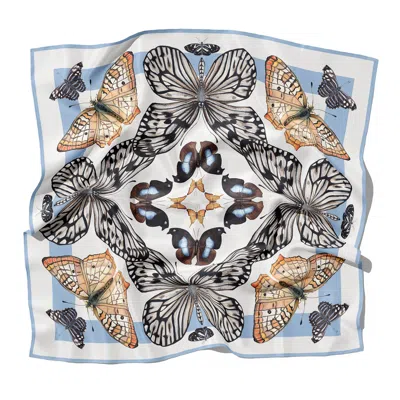 J6r6 Women's Black / Blue "odyssey" Large Square Silk Butterfly Scarf - Blue, White, Orange, &  Black