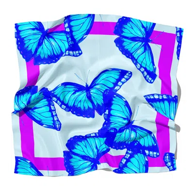 J6r6 Women's Blue / Pink / Purple "azure Square" Small Square Silk Butterfly Scarf - Blue, Aqua, & Purple In Blue/pink/purple