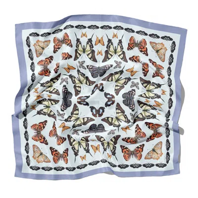 J6r6 Women's "papillon" Large Square Silk Butterfly Scarf - Periwinkle, Blue, Orange, Black, & White