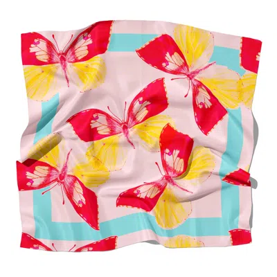 J6r6 Women's Pink / Purple / Yellow Cali Square Small Silk Twill Pink Butterfly Scarf