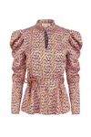 Jaaf Turtleneck Cutout Blouse In Groovy Print In Pink/purple/red