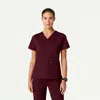 Jaanuu 2-pocket Slim Knit V-neck Scrub Top In Burgundy