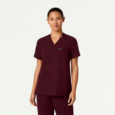 Jaanuu 3-pocket Classic Notched V-neck Scrub Top In Burgundy