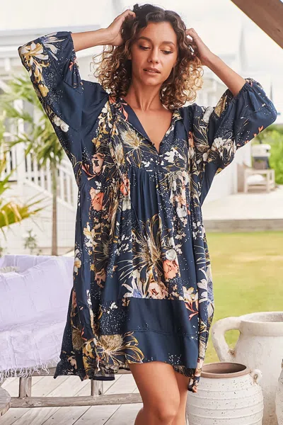 Jaase - Adela Mini Dress: Oversized Smock Dress With Batwing Sleeves In Indigo Print